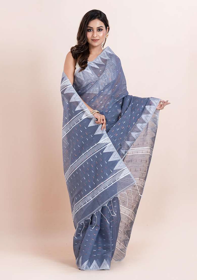 Grey Printed Cotton Saree Set - Indya