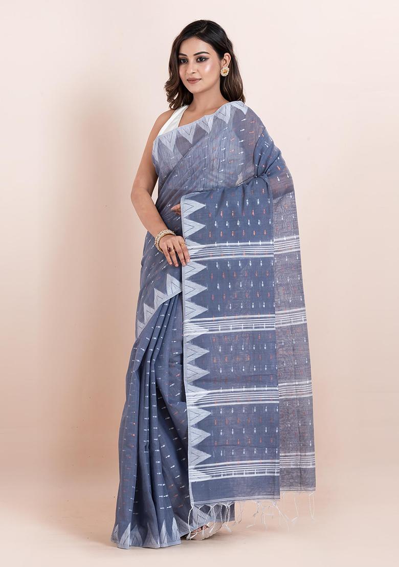 Grey Printed Cotton Saree Set