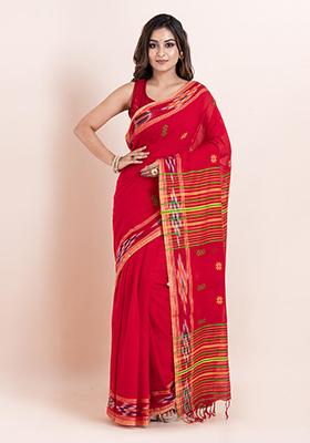 Red Printed Cotton Saree Set