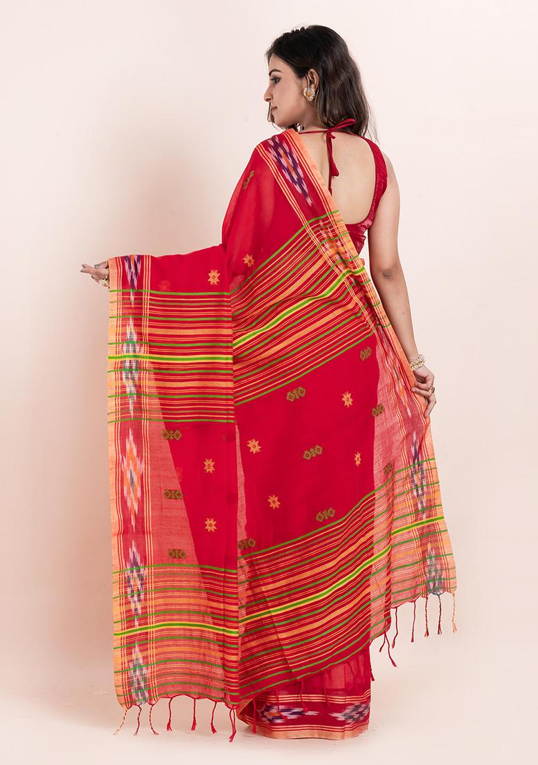 Red Printed Cotton Saree Set