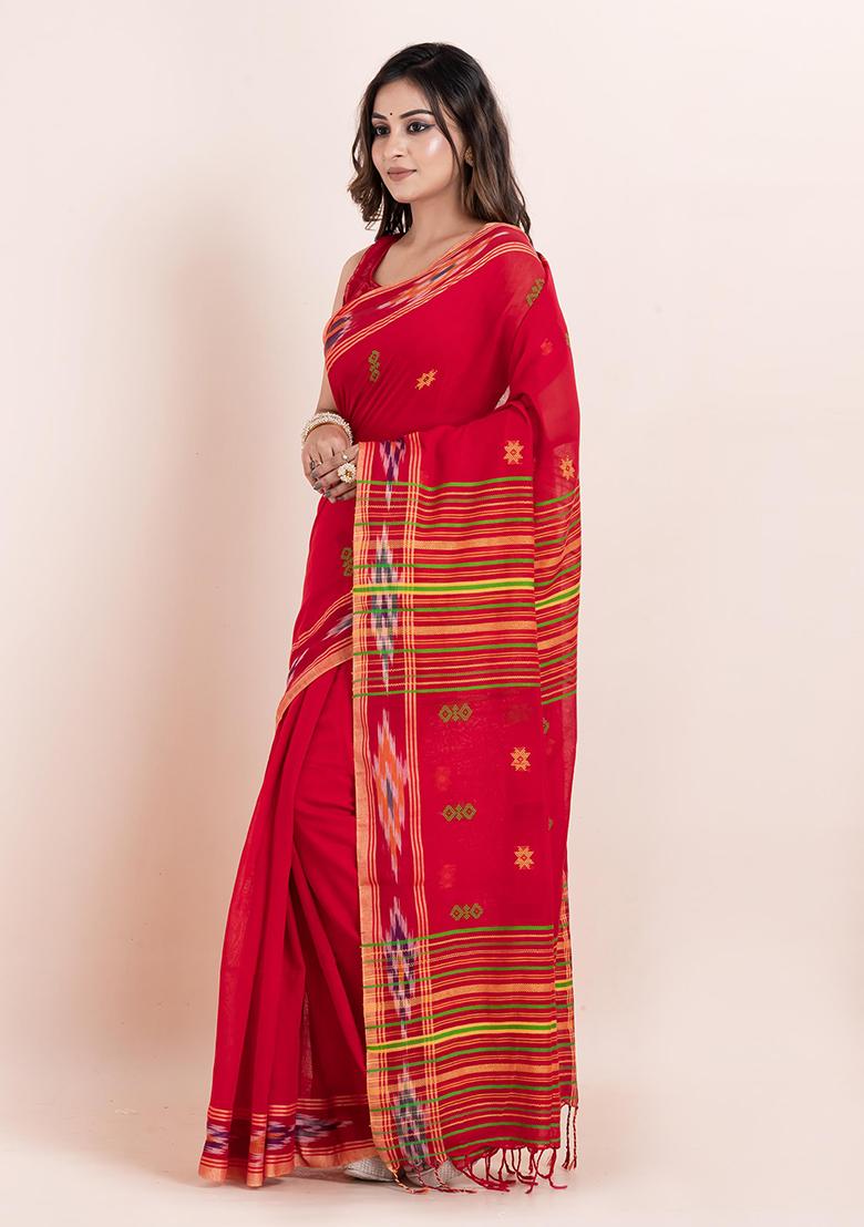 Red Printed Cotton Saree Set