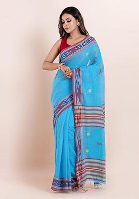 Sky Blue Printed Cotton Saree Set