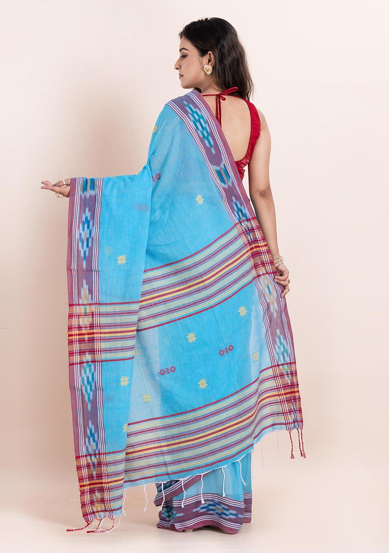 Sky Blue Printed Cotton Saree Set