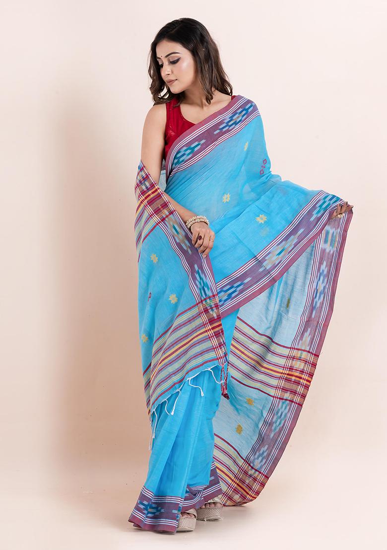 Sky Blue Printed Cotton Saree Set