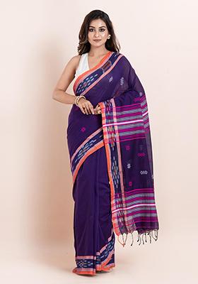 Blue Printed Cotton Saree Set