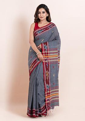 Grey Printed Cotton Saree Set