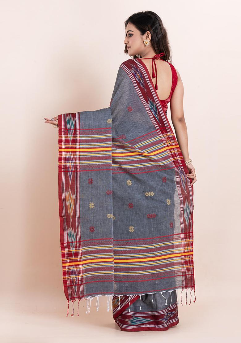 Grey Printed Cotton Saree Set