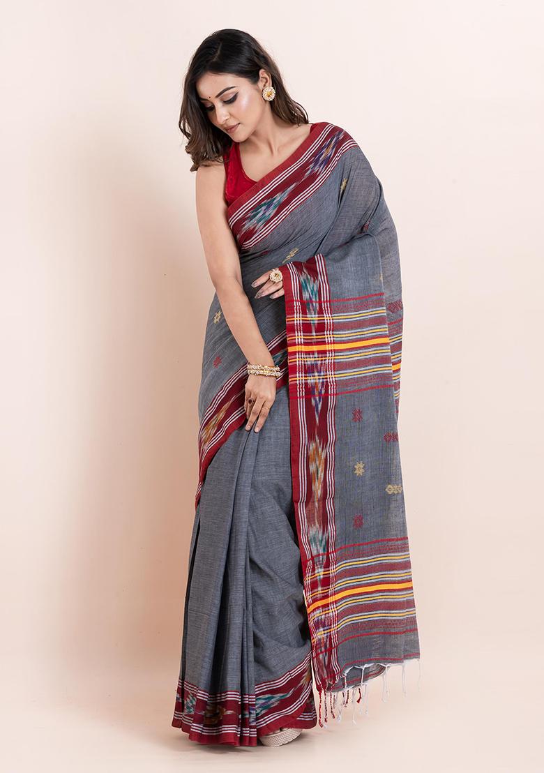 Grey Printed Cotton Saree Set