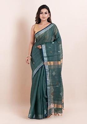 Green Printed Cotton Saree Set