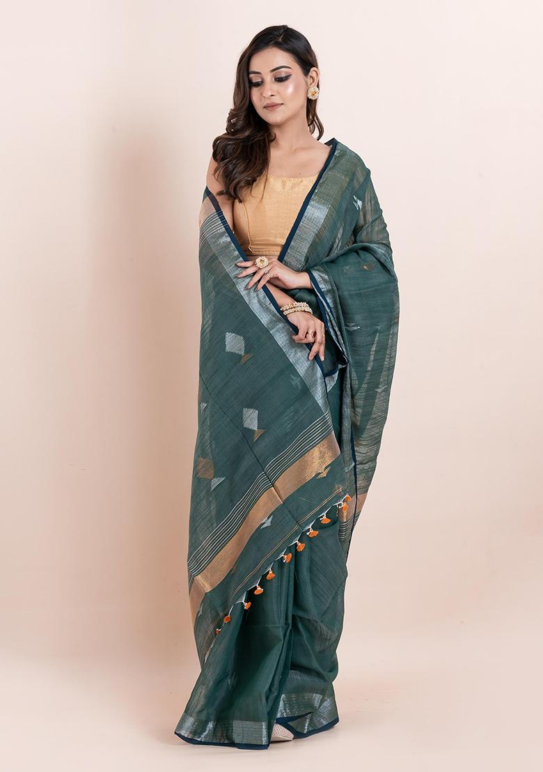 Green Printed Cotton Saree Set