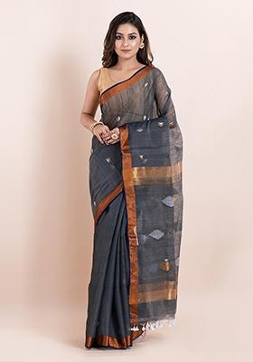 Grey Printed Cotton Saree Set