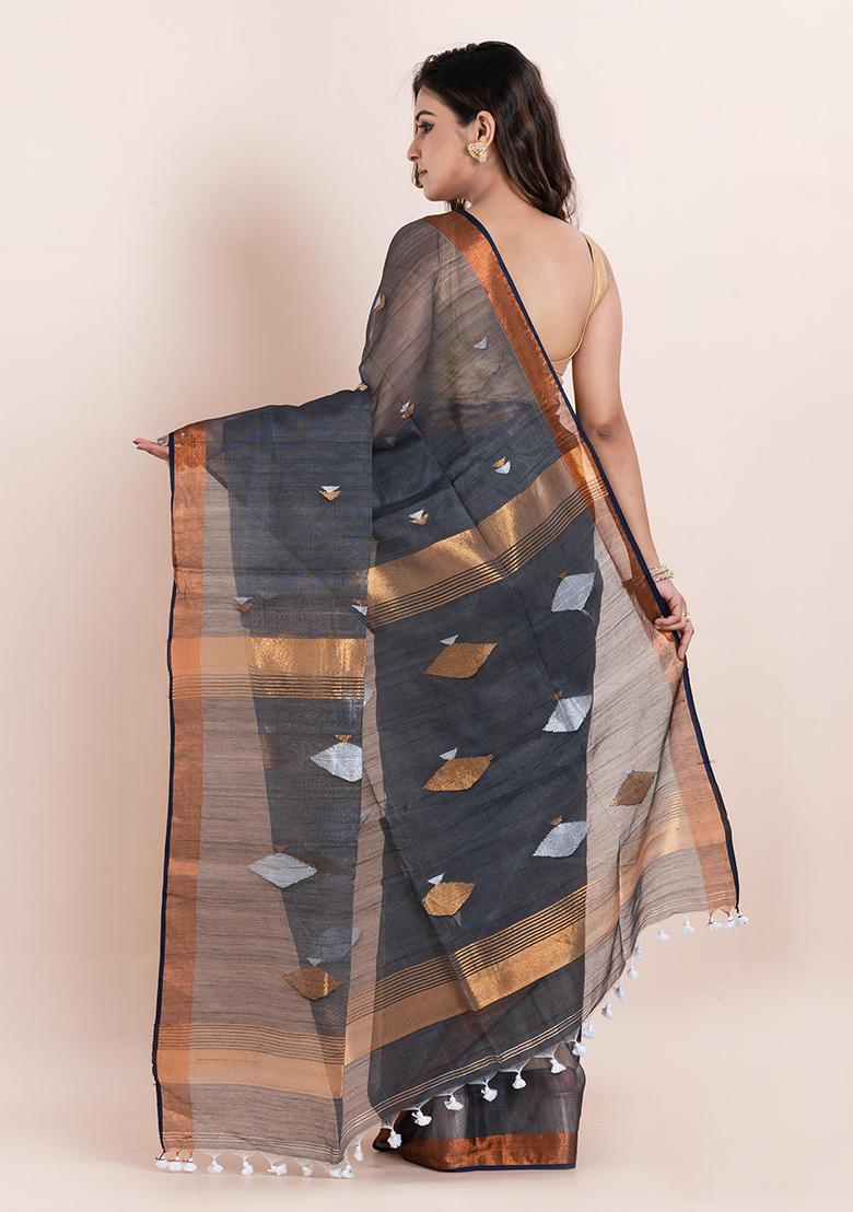 Grey Printed Cotton Saree Set
