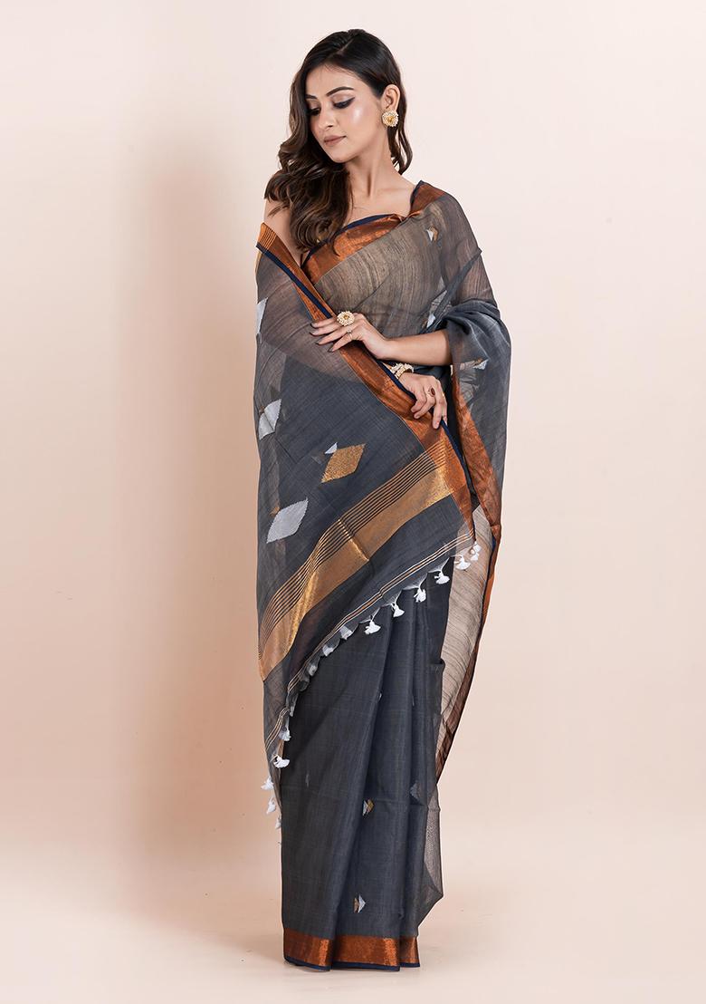 Grey Printed Cotton Saree Set