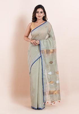 Off White Printed Cotton Saree Set