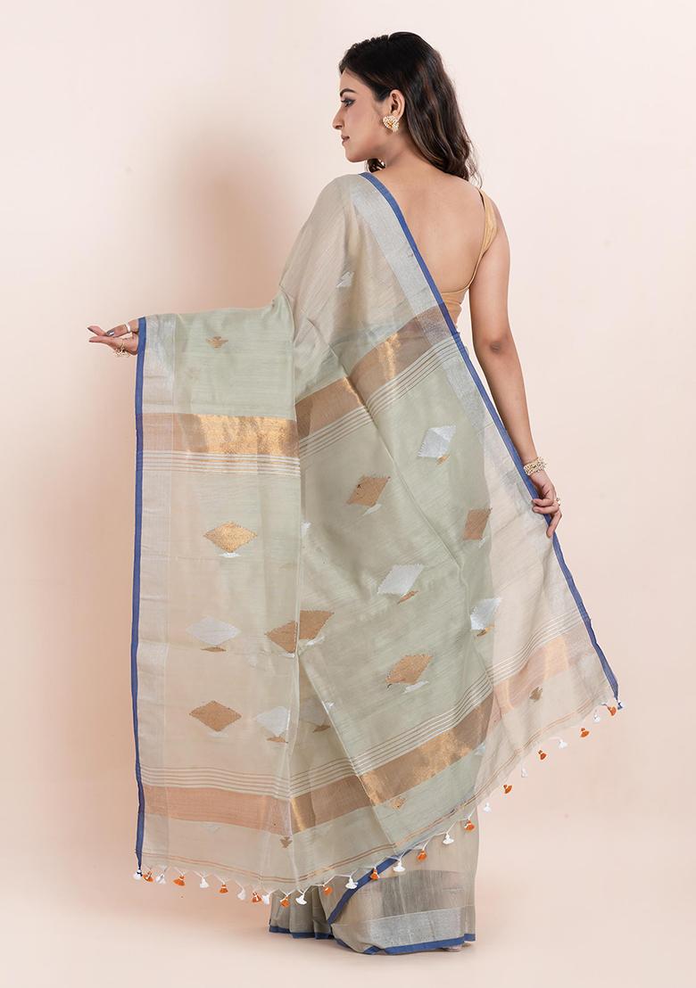Off White Printed Cotton Saree Set