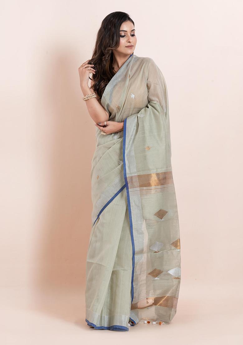 Off White Printed Cotton Saree Set