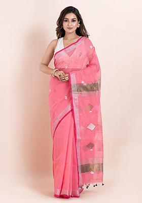 Peach Printed Cotton Saree Set