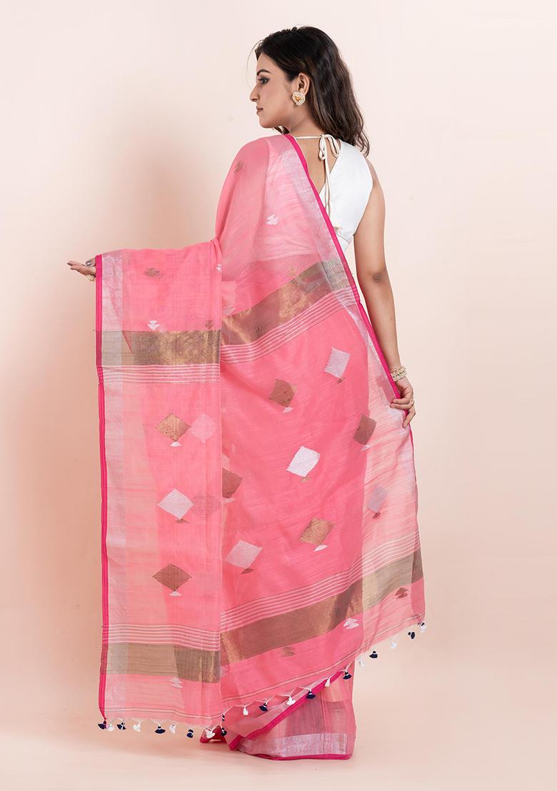 Peach Printed Cotton Saree Set
