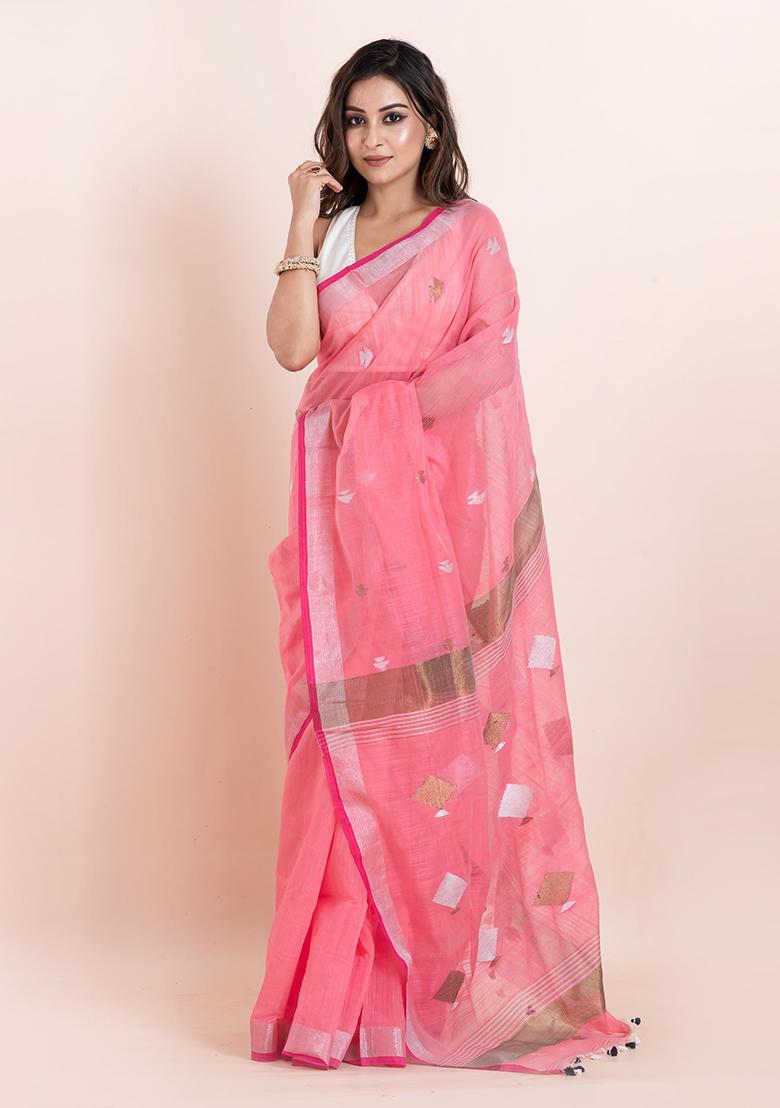 Peach Printed Cotton Saree Set