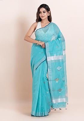 Sea Green Printed Cotton Saree Set