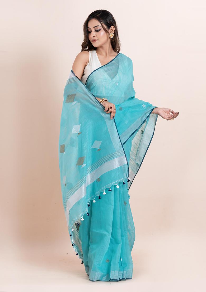 Sea Green Printed Cotton Saree Set