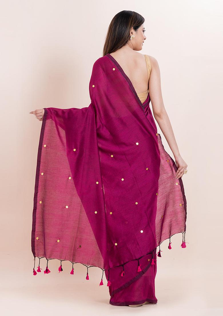 Magenta Pink  Printed Cotton Saree Set