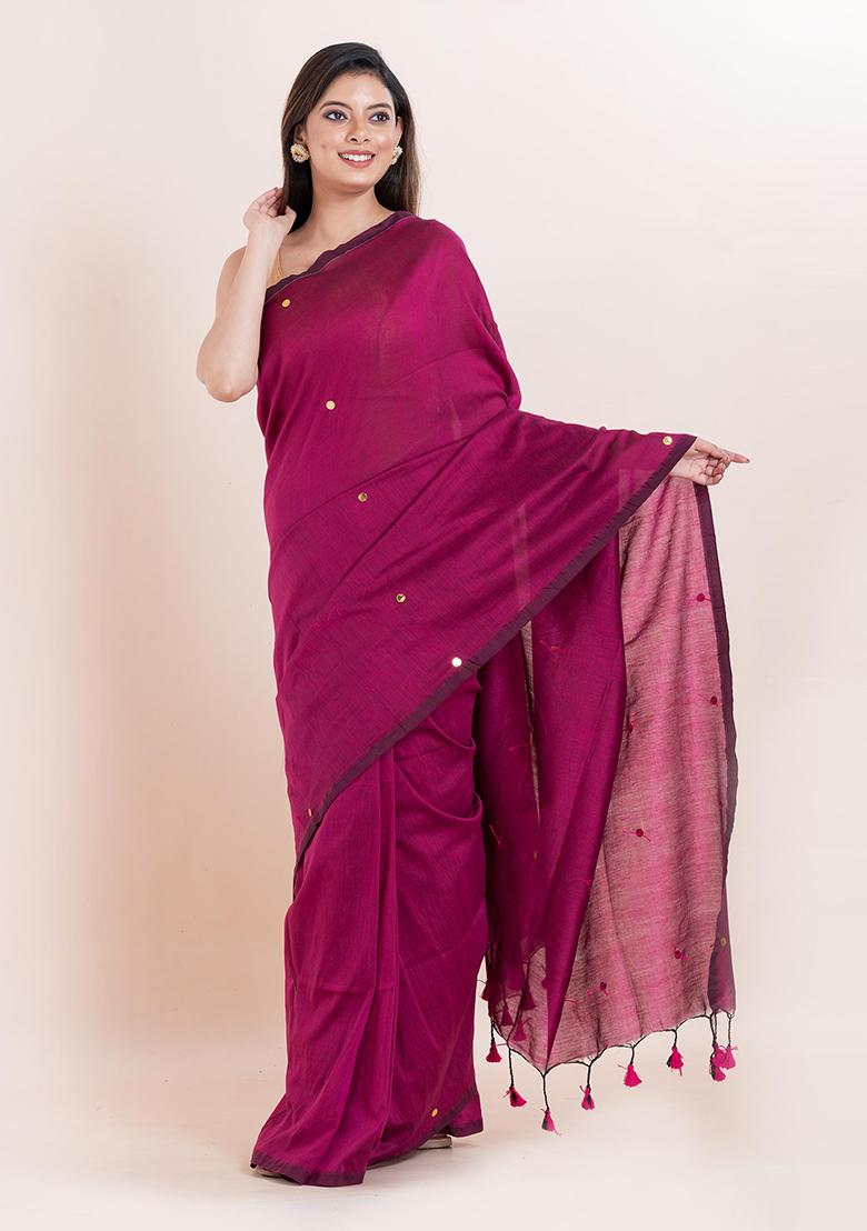Magenta Pink  Printed Cotton Saree Set