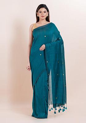 Teal Blue Printed Cotton Saree Set