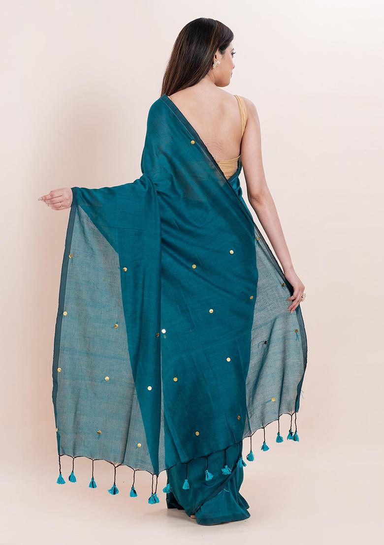 Teal Blue Printed Cotton Saree Set