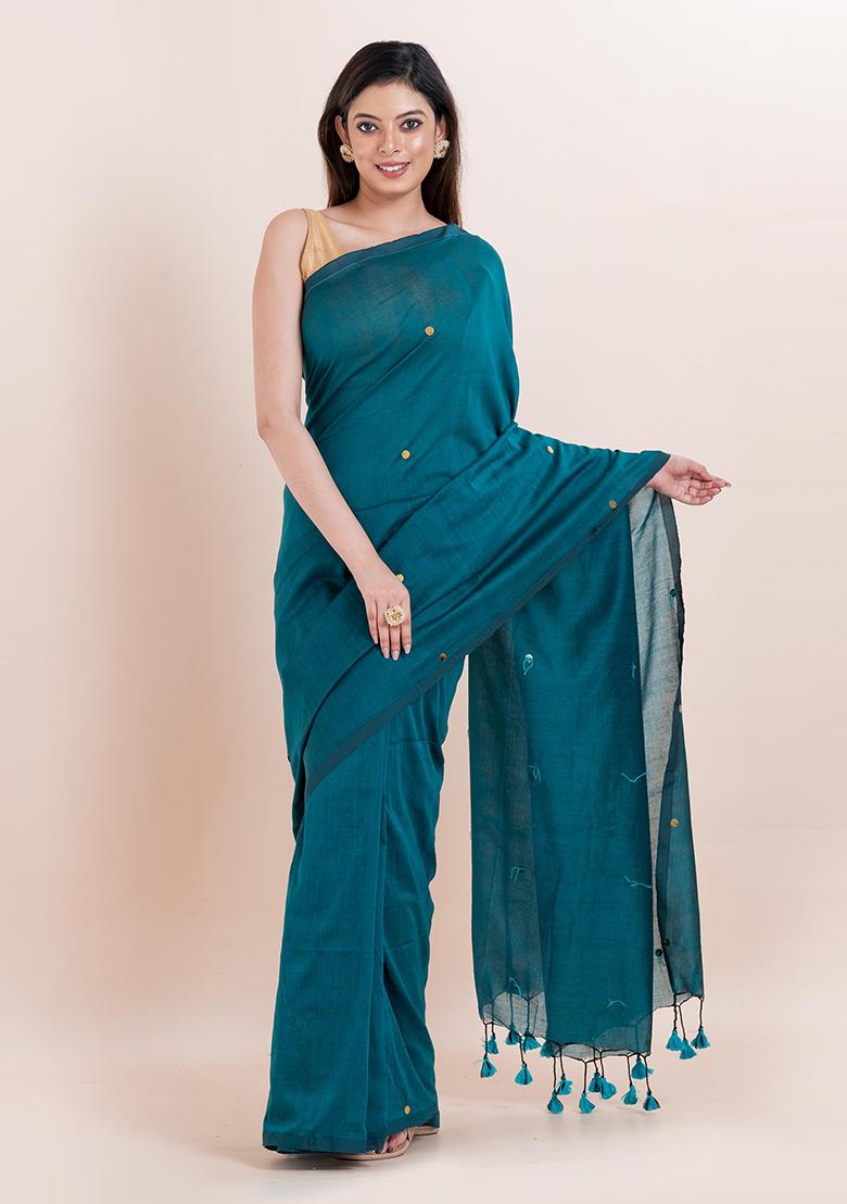 Teal Blue Printed Cotton Saree Set