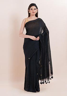 Black Printed Cotton Saree Set