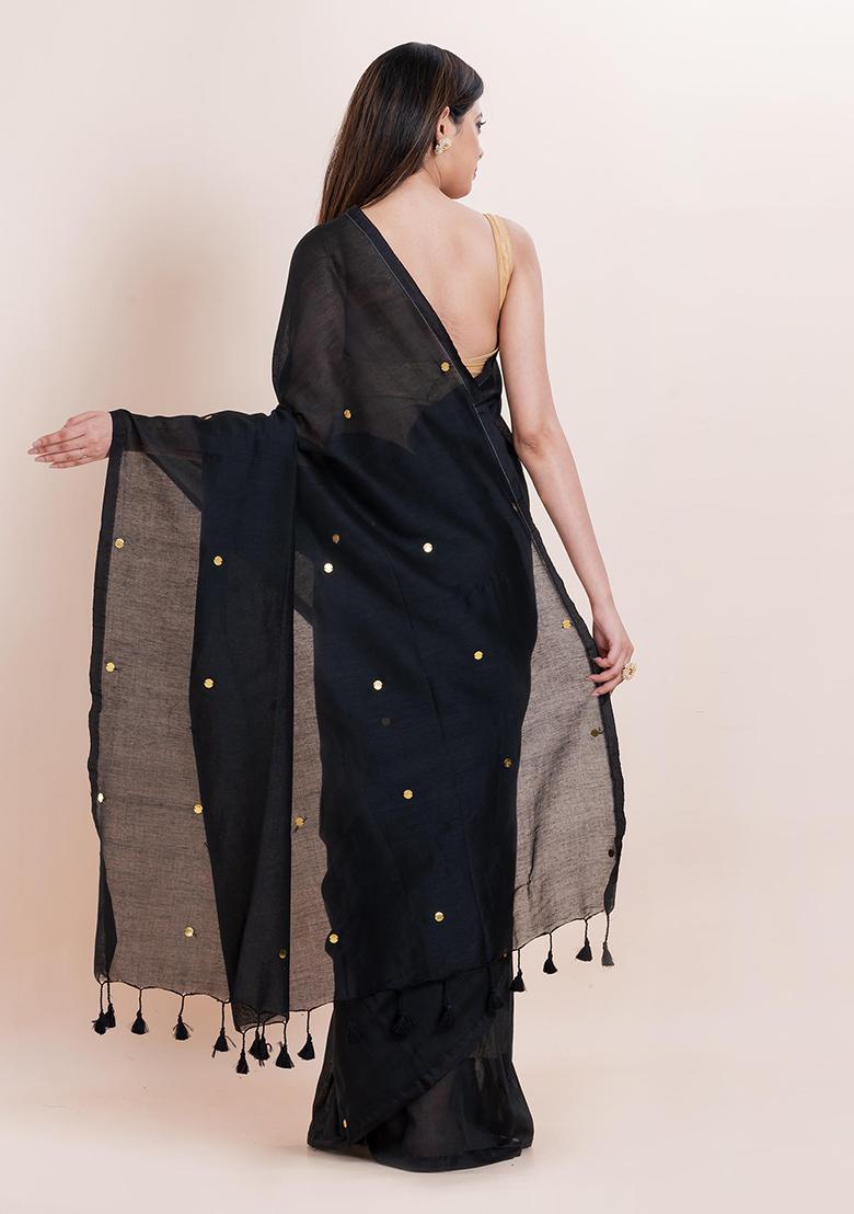 Black Printed Cotton Saree Set