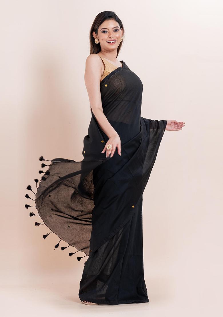 Black Printed Cotton Saree Set