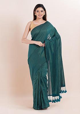 Teal Blue Embroidered Cotton Saree Set