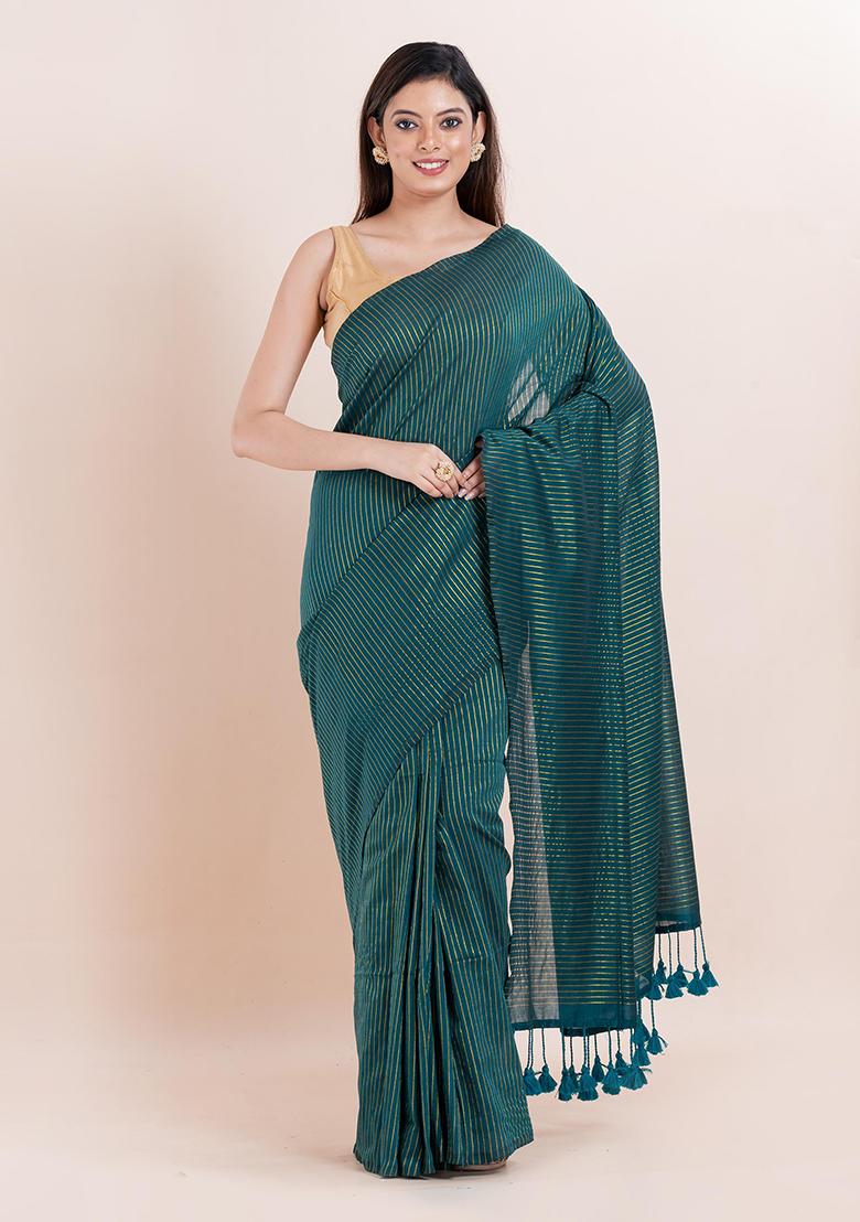 Teal Blue Embroidered Cotton Saree Set - Indya