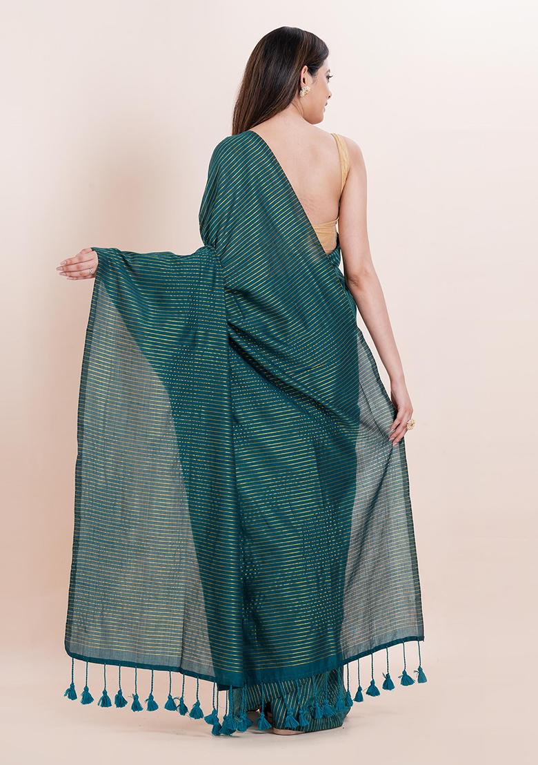 Teal Blue Embroidered Cotton Saree Set