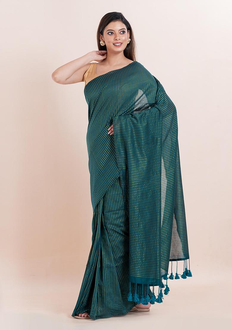 Teal Blue Embroidered Cotton Saree Set - Indya