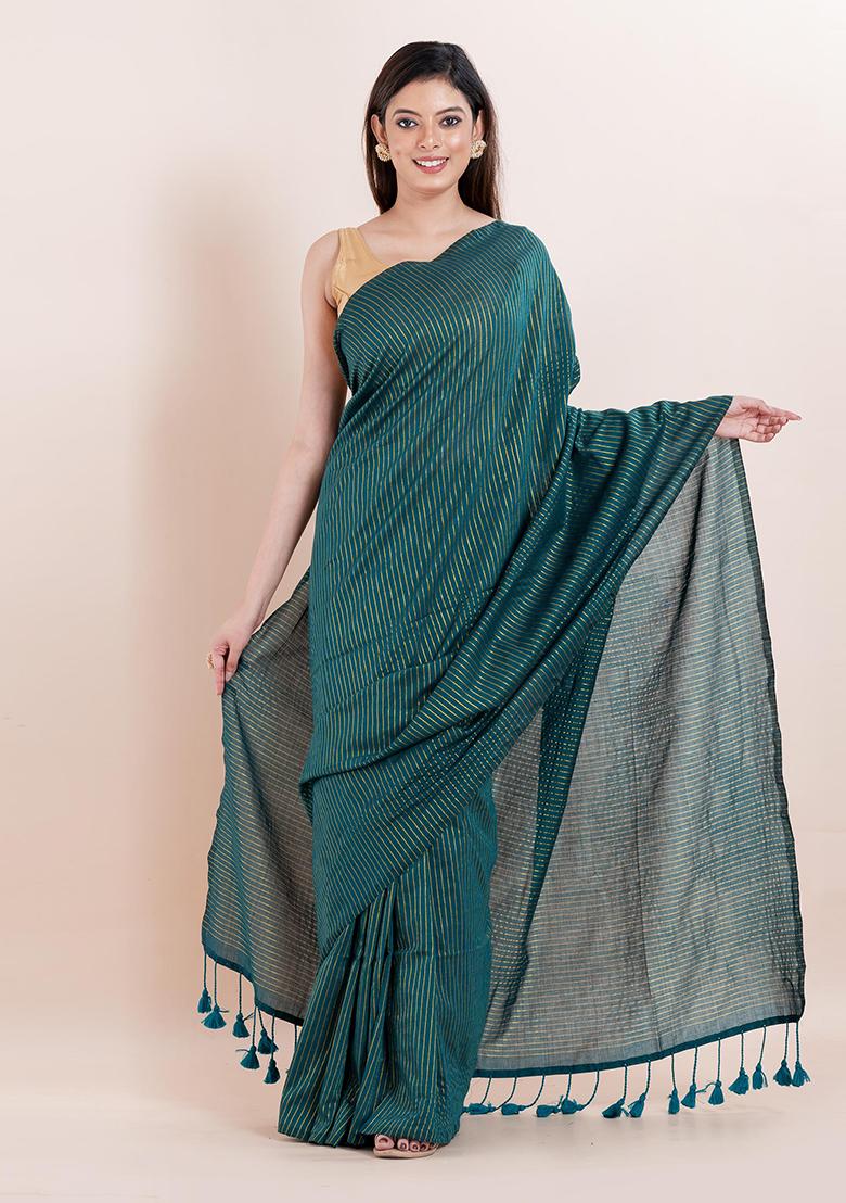 Teal Blue Embroidered Cotton Saree Set
