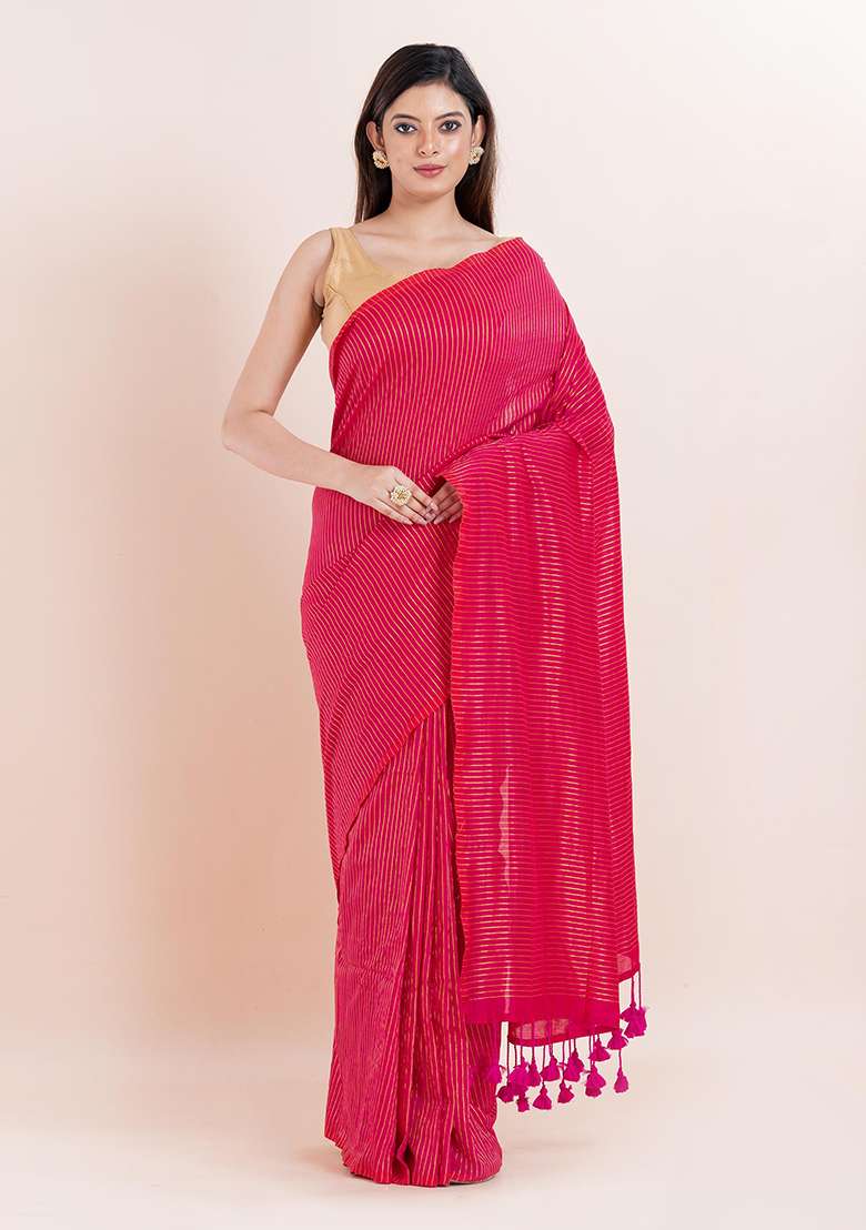 Pink Embroidered Cotton Saree Set - Indya