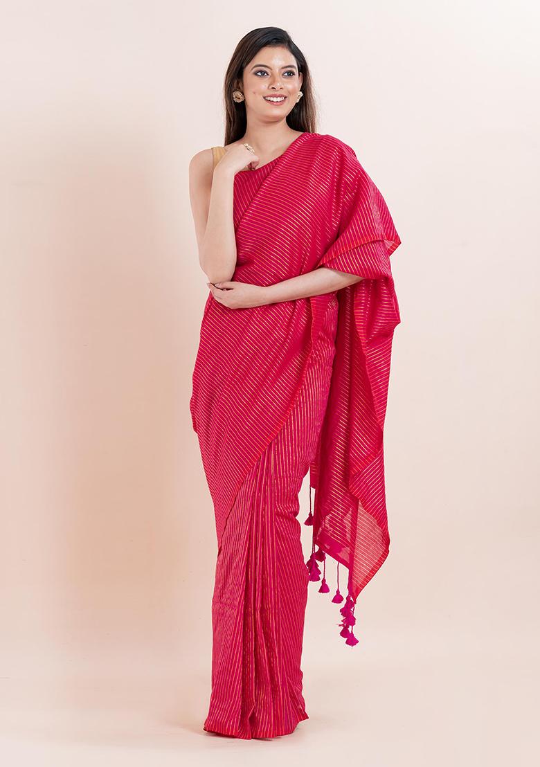 Pink Embroidered Cotton Saree Set