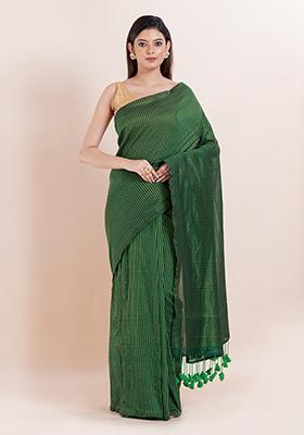 Green Embroidered Cotton Saree Set
