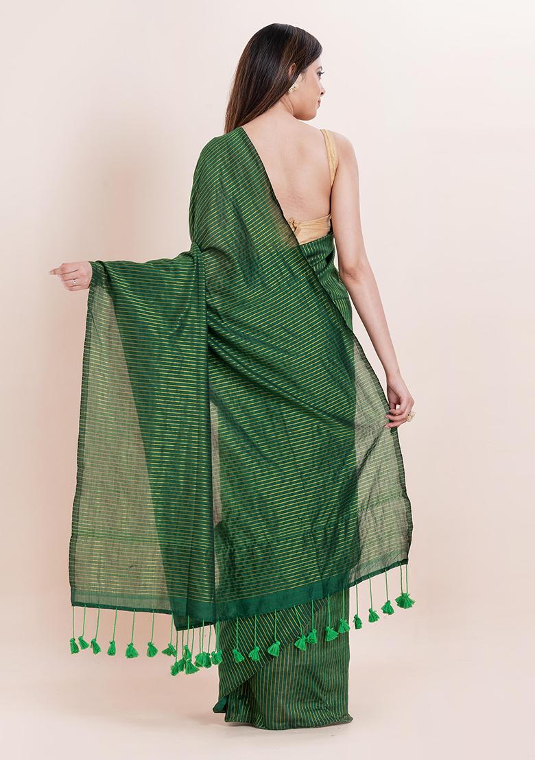 Green Embroidered Cotton Saree Set