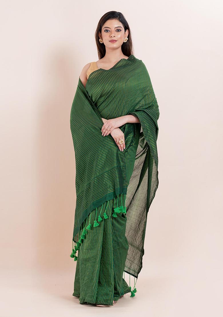 Green Embroidered Cotton Saree Set