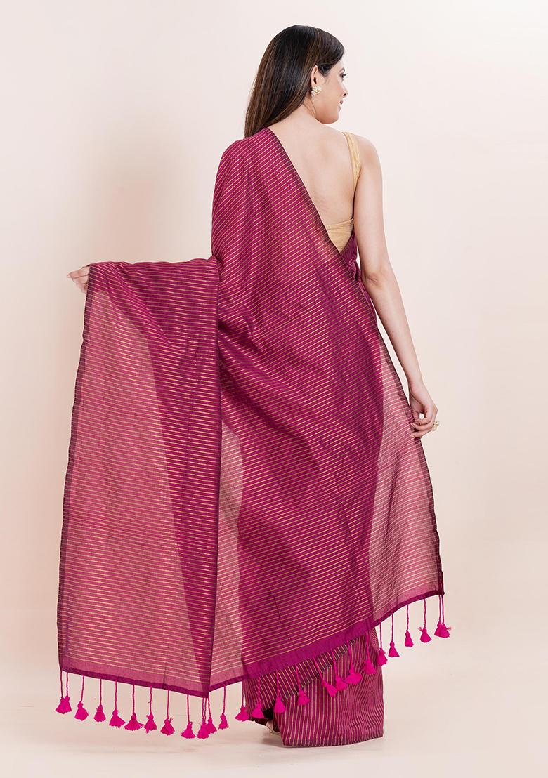 Magenta Pink Embroidered Cotton Saree Set