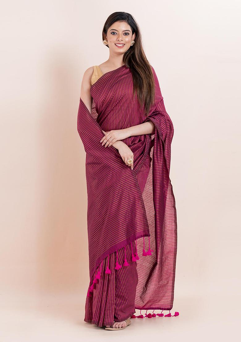 Magenta Pink Embroidered Cotton Saree Set