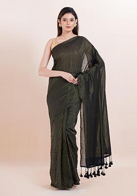 Black Embroidered Cotton Saree Set