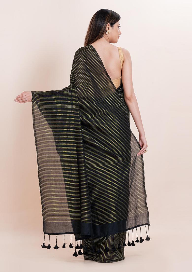 Black Embroidered Cotton Saree Set