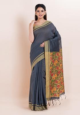 Grey Embroidered Cotton Saree Set