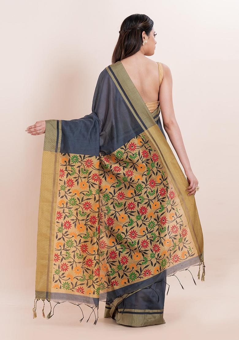 Grey Embroidered Cotton Saree Set