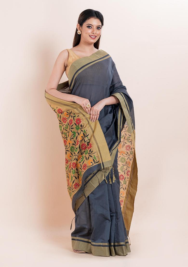 Grey Embroidered Cotton Saree Set